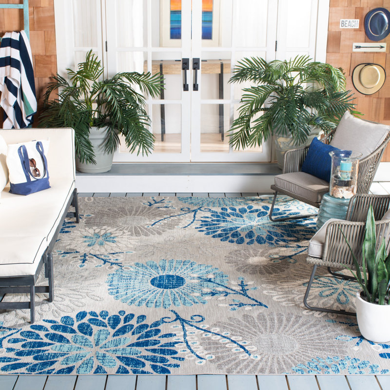 Ebern Designs Kellems Flatweave Gray/Royal Blue Indoor/Outdoor Rug